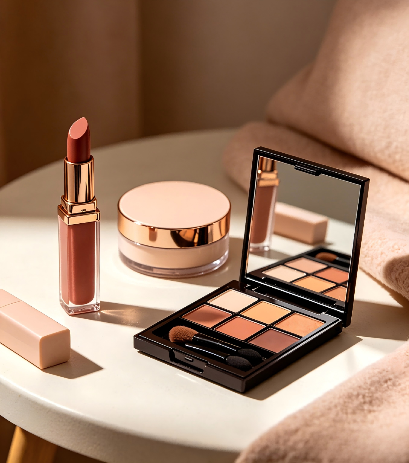 Premium custom makeup packaging collection including lipstick, eyeshadow palette and loose powder containers for cosmetic brands